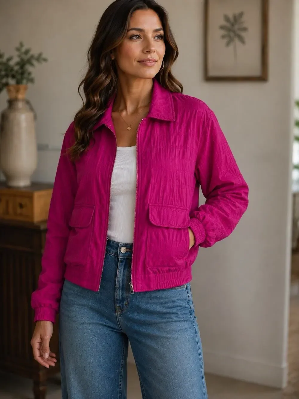 Vintage Bocoo 100% Silk Fuchsia Pink Quilted Bomber Jacket Size M Y2K